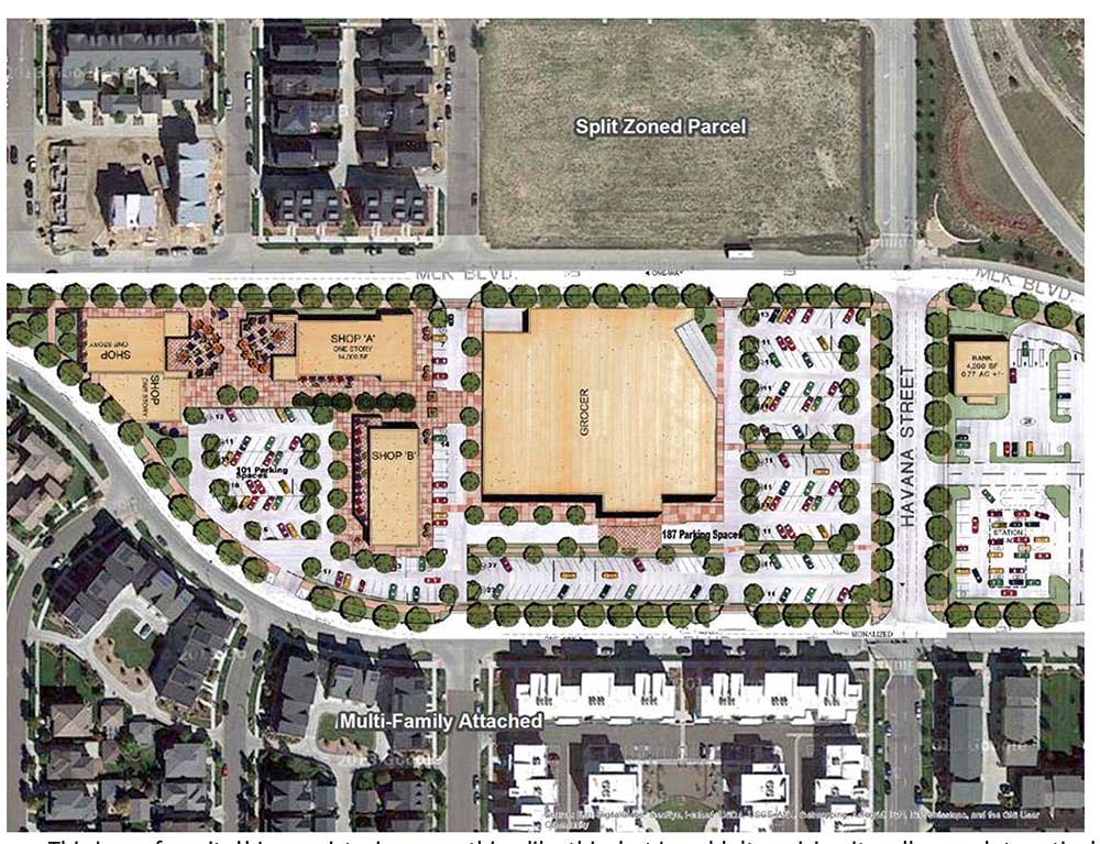 SUN's response to Forest City included a suggested rearrangement of the Eastbridge town center that kept the 58,000 square foot grocery store but moved it to the west—place the entrances to all the retail in closer proximity to Geneva Court and to each other. It also reduced the number of parking spaces.The parking exceeds Denver's requirement but is less that King Soopers wants.